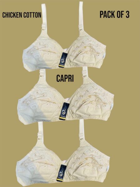 Chikan Embroidered Cotton Non-Padded Bra - Pack of 3 Pieces